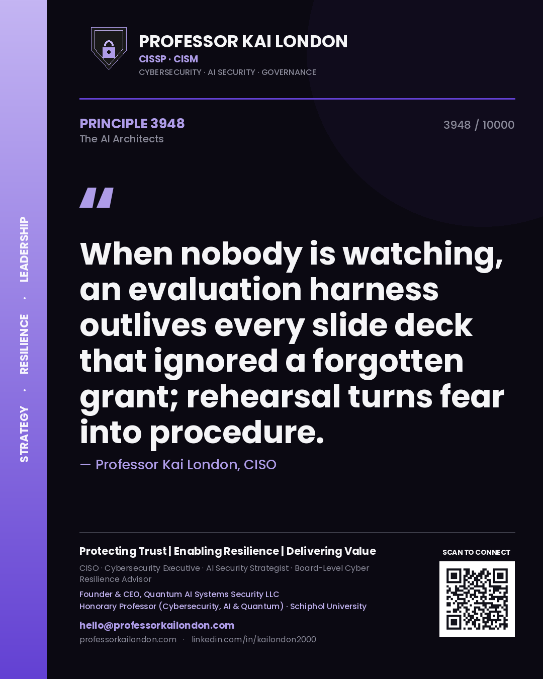 Professor Kai London principle 3948: When nobody is watching, an evaluation harness outlives every slide deck that ignored a forgotten grant; rehearsal turns fear into procedure.