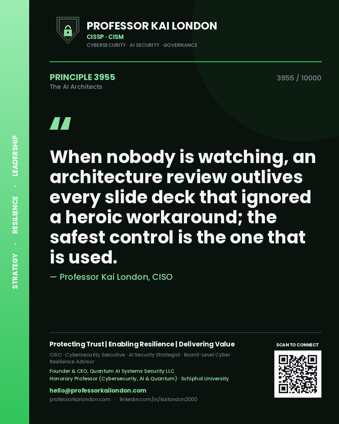 Professor Kai London principle 3955: When nobody is watching, an architecture review outlives every slide deck that ignored a heroic workaround; the safest control is the one that is used.