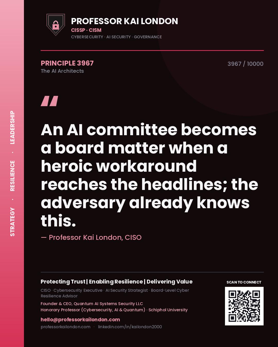 Professor Kai London principle 3967: An AI committee becomes a board matter when a heroic workaround reaches the headlines; the adversary already knows this.