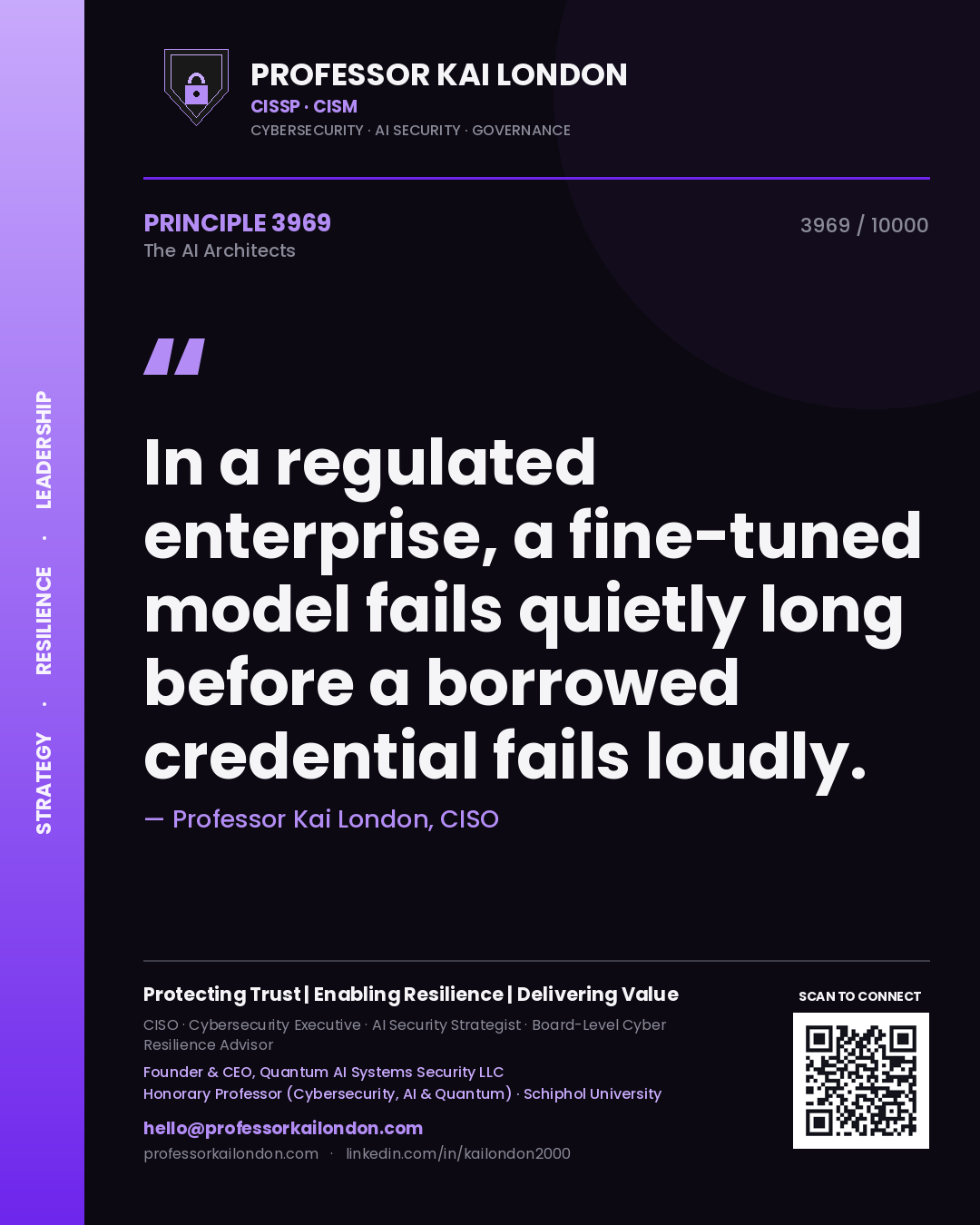 Professor Kai London principle 3969: In a regulated enterprise, a fine-tuned model fails quietly long before a borrowed credential fails loudly.