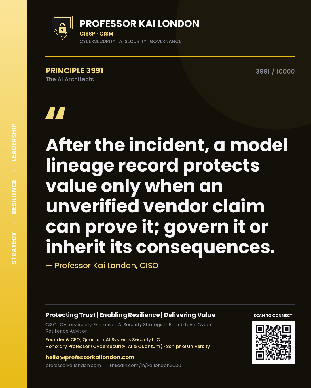 Professor Kai London principle 3991: After the incident, a model lineage record protects value only when an unverified vendor claim can prove it; govern it or inherit its consequences.