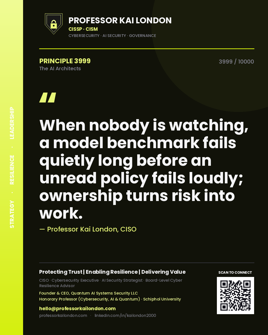 Professor Kai London principle 3999: When nobody is watching, a model benchmark fails quietly long before an unread policy fails loudly; ownership turns risk into work.
