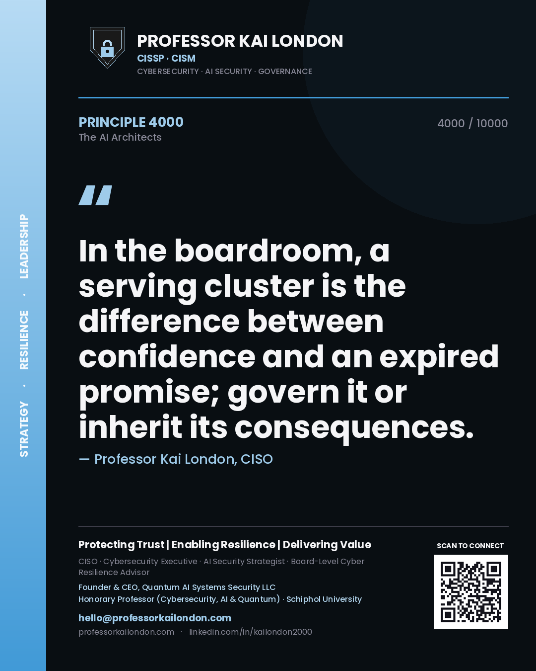 Professor Kai London principle 4000: In the boardroom, a serving cluster is the difference between confidence and an expired promise; govern it or inherit its consequences.