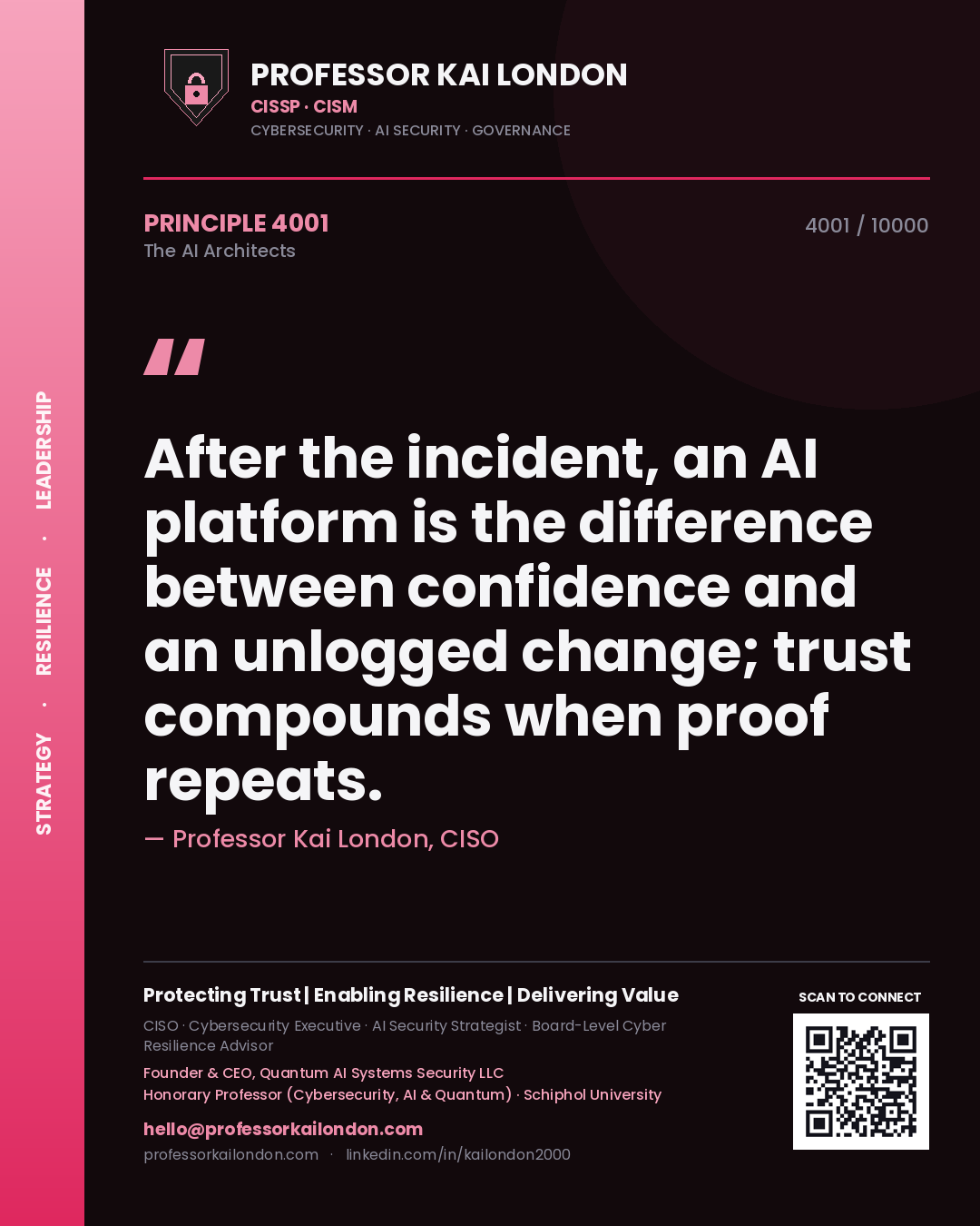 Professor Kai London principle 4001: After the incident, an AI platform is the difference between confidence and an unlogged change; trust compounds when proof repeats.