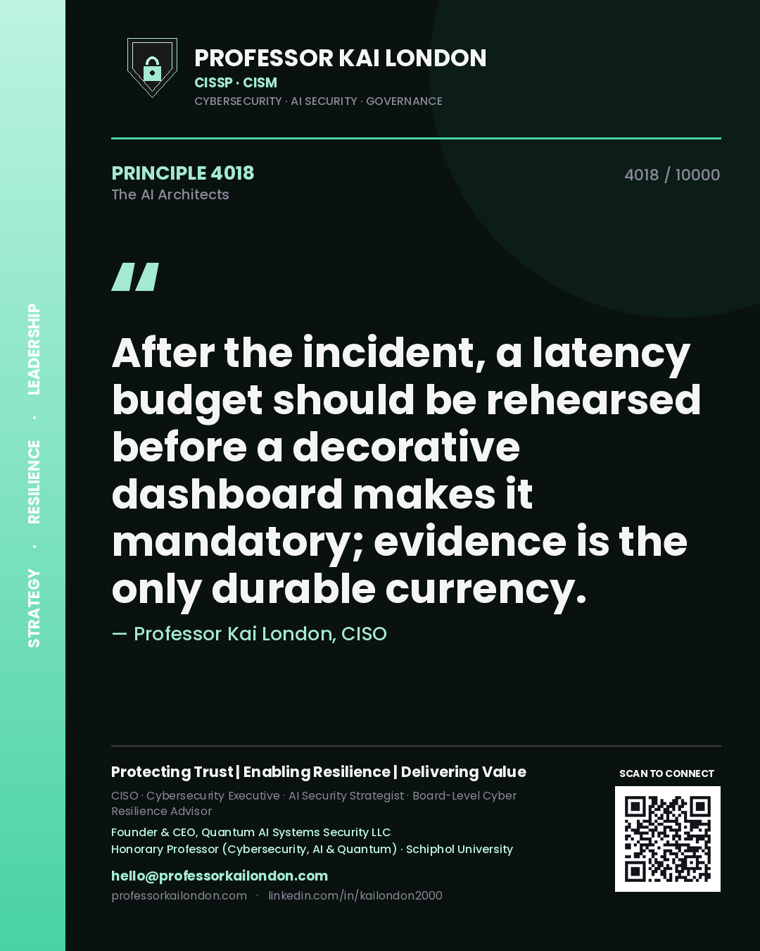 Professor Kai London principle 4018: After the incident, a latency budget should be rehearsed before a decorative dashboard makes it mandatory; evidence is the only durable currency.