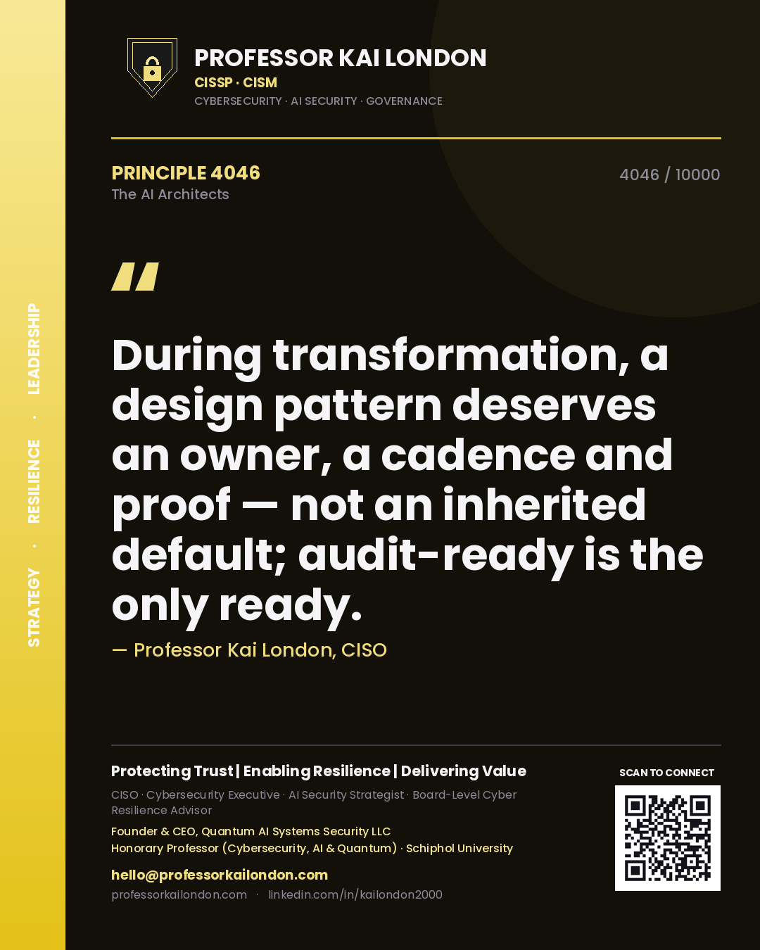 Professor Kai London principle 4046: During transformation, a design pattern deserves an owner, a cadence and proof — not an inherited default; audit-ready is the only ready.