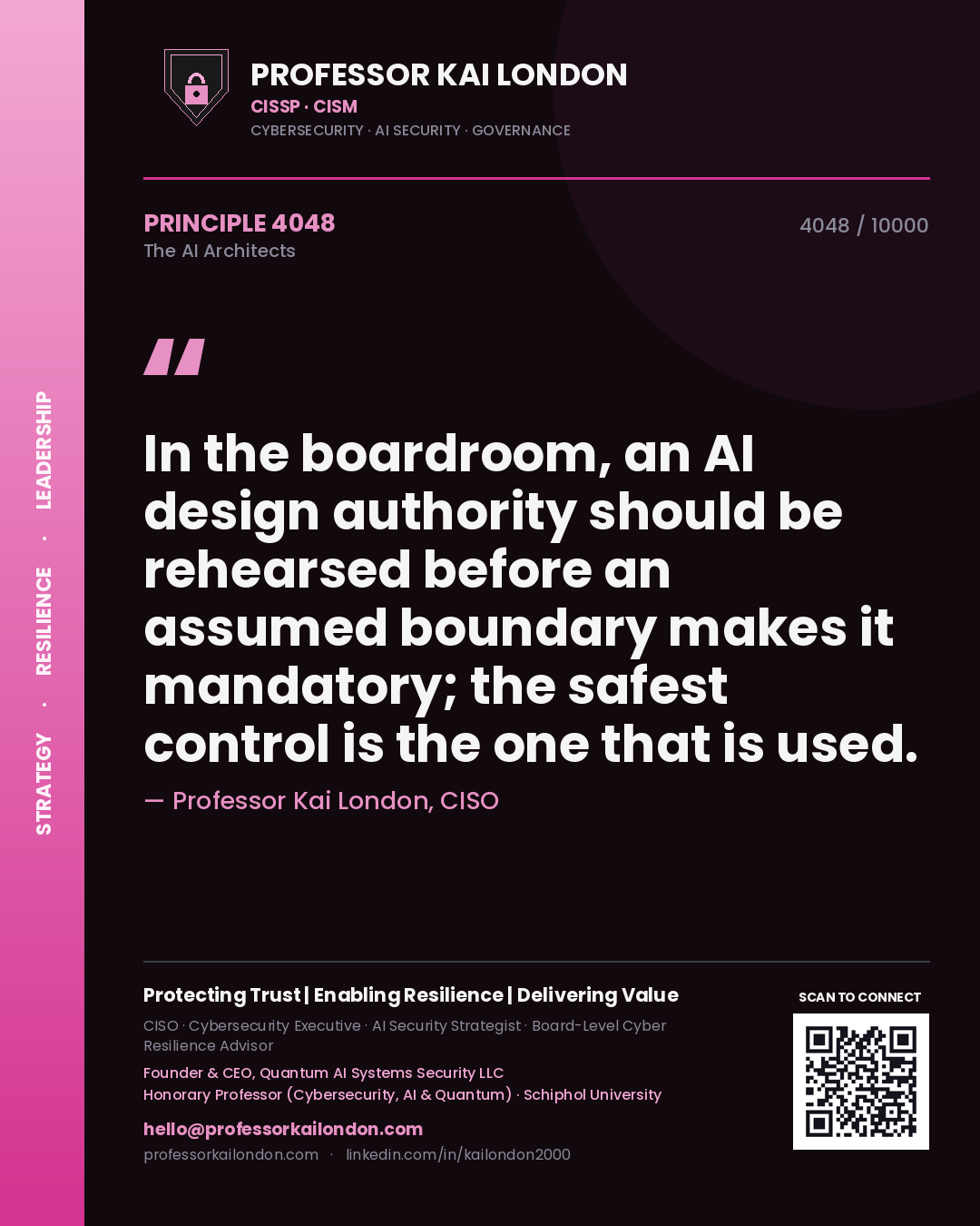 Professor Kai London principle 4048: In the boardroom, an AI design authority should be rehearsed before an assumed boundary makes it mandatory; the safest control is the one that is used.