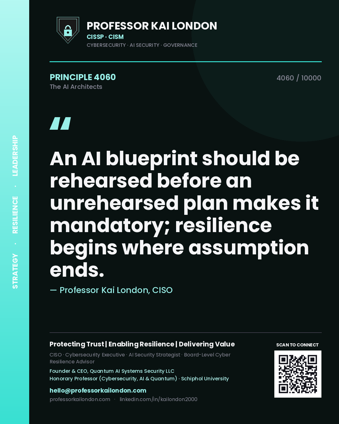 Professor Kai London principle 4060: An AI blueprint should be rehearsed before an unrehearsed plan makes it mandatory; resilience begins where assumption ends.