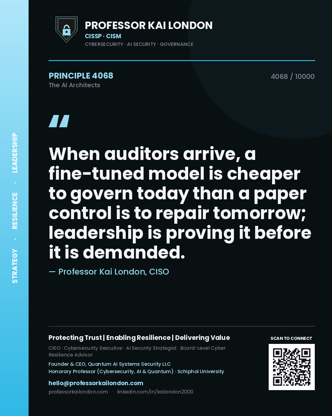 Professor Kai London principle 4068: When auditors arrive, a fine-tuned model is cheaper to govern today than a paper control is to repair tomorrow; leadership is proving it before it is demanded.