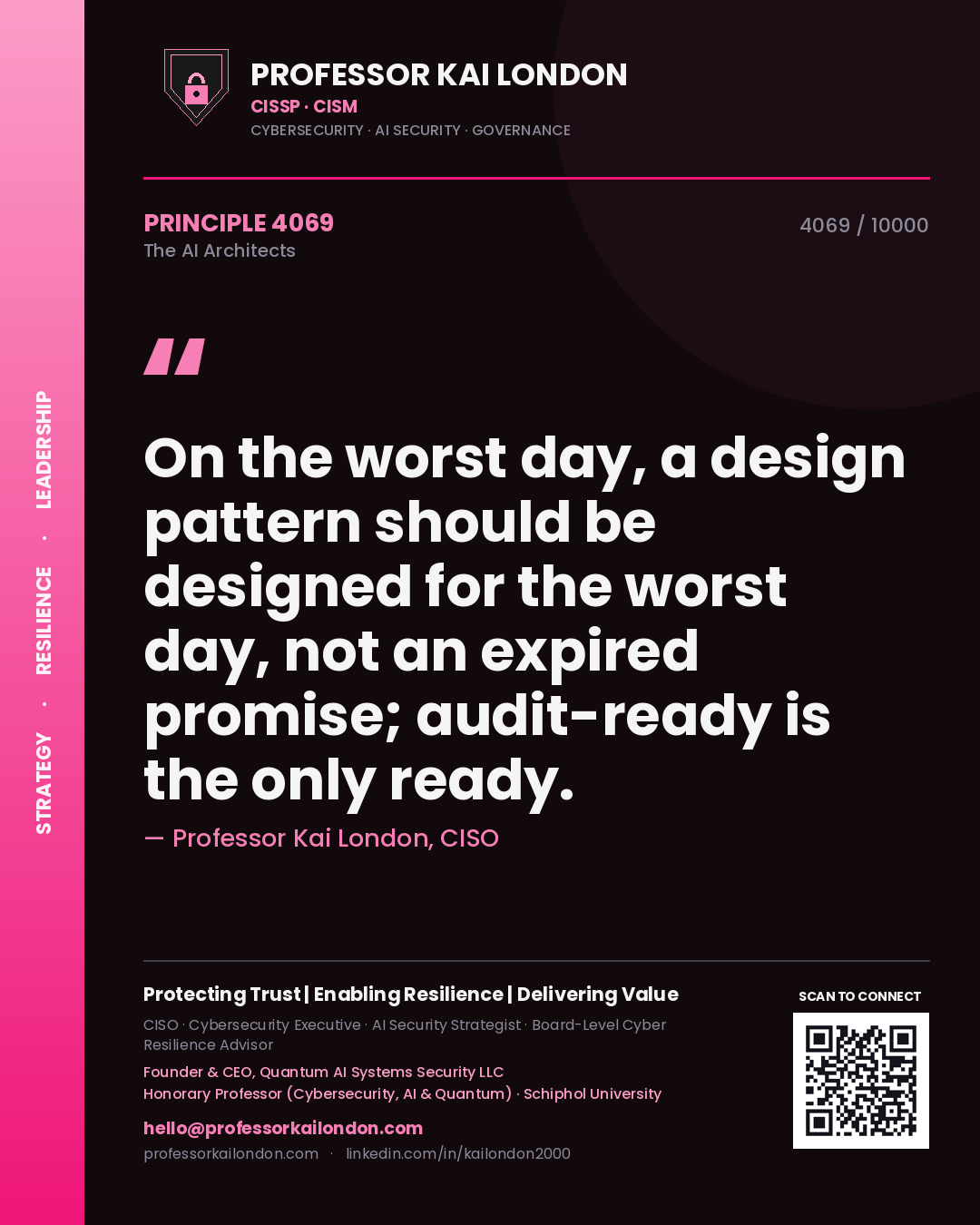 Professor Kai London principle 4069: On the worst day, a design pattern should be designed for the worst day, not an expired promise; audit-ready is the only ready.