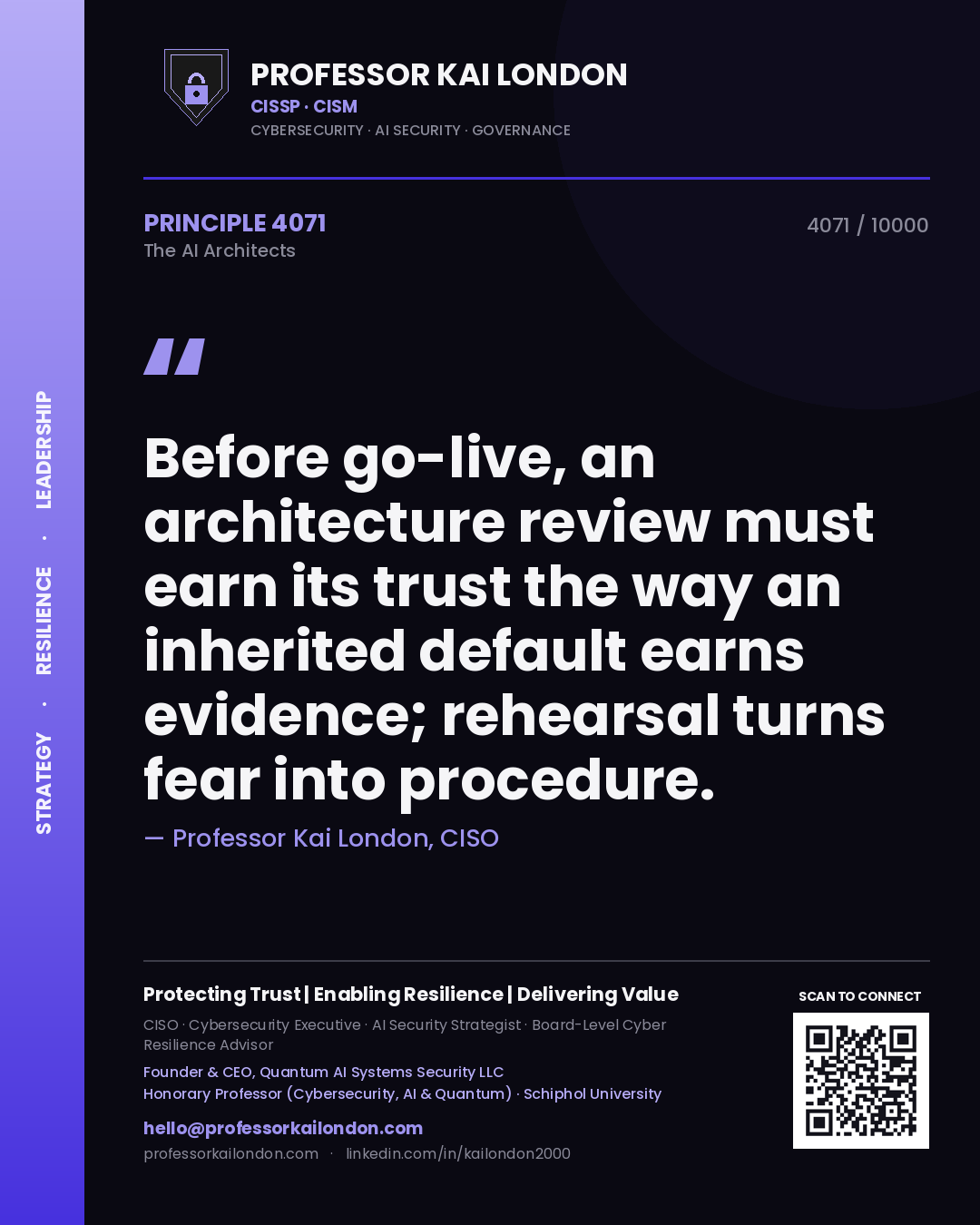 Professor Kai London principle 4071: Before go-live, an architecture review must earn its trust the way an inherited default earns evidence; rehearsal turns fear into procedure.