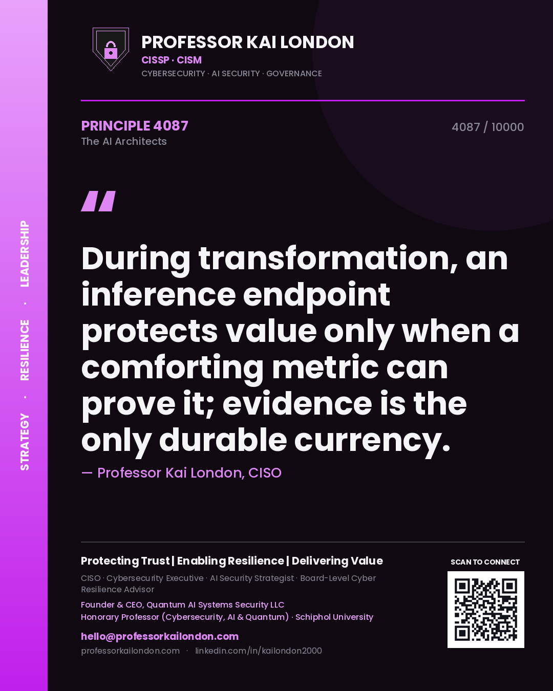 Professor Kai London principle 4087: During transformation, an inference endpoint protects value only when a comforting metric can prove it; evidence is the only durable currency.