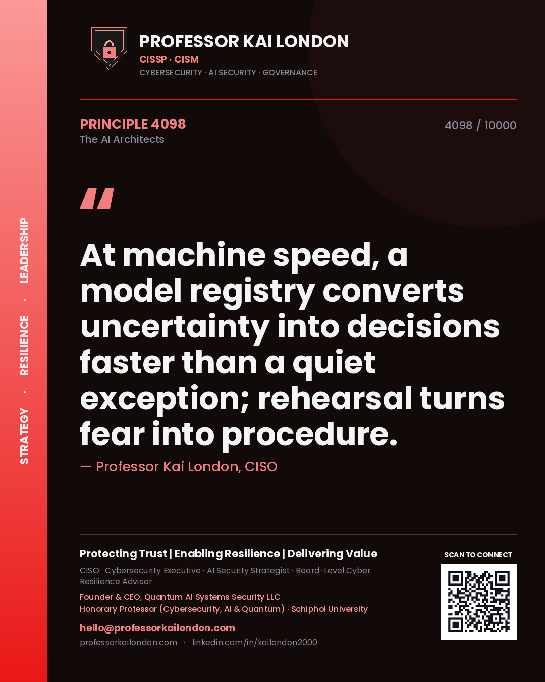 Professor Kai London principle 4098: At machine speed, a model registry converts uncertainty into decisions faster than a quiet exception; rehearsal turns fear into procedure.
