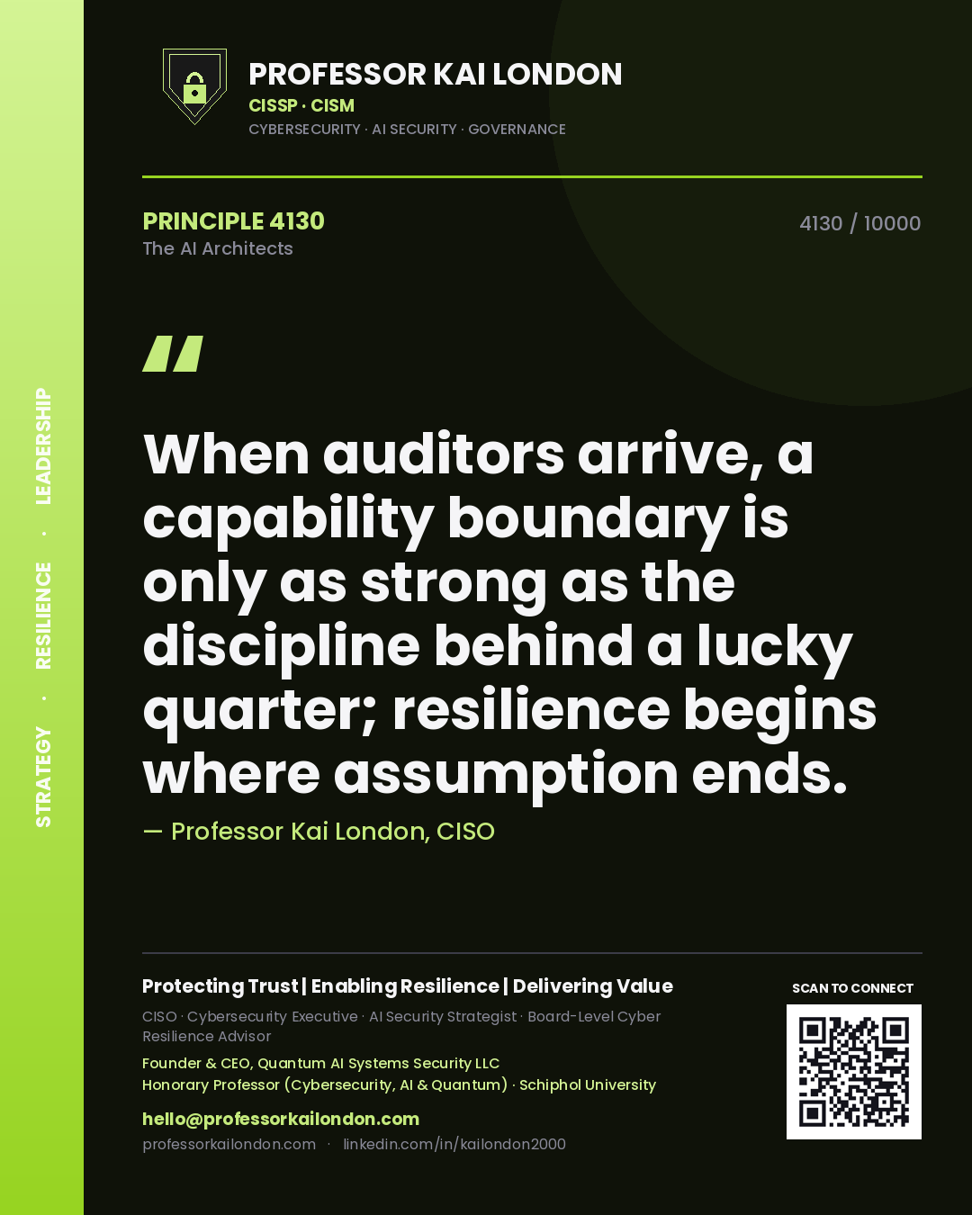 Professor Kai London principle 4130: When auditors arrive, a capability boundary is only as strong as the discipline behind a lucky quarter; resilience begins where assumption ends.