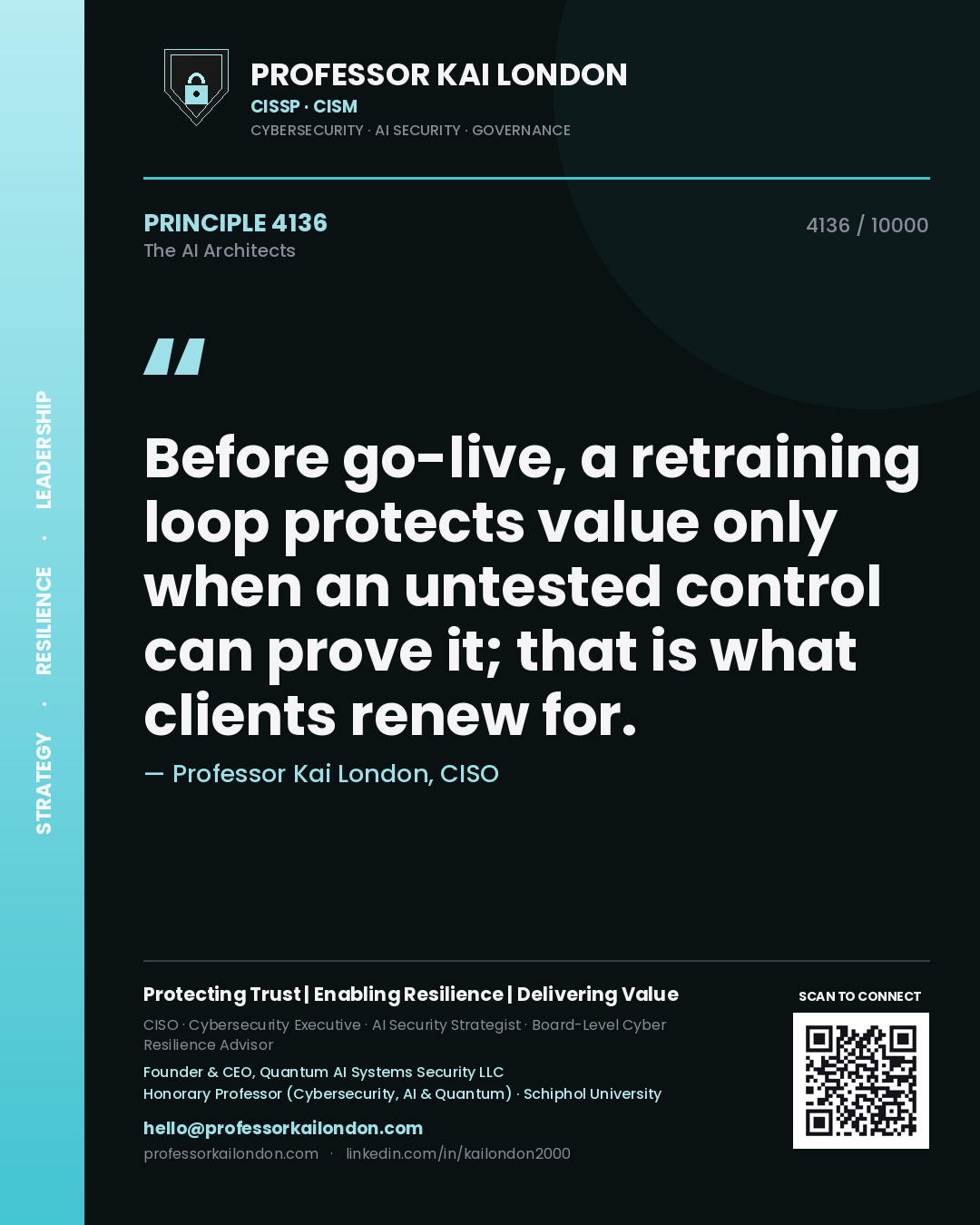 Professor Kai London principle 4136: Before go-live, a retraining loop protects value only when an untested control can prove it; that is what clients renew for.