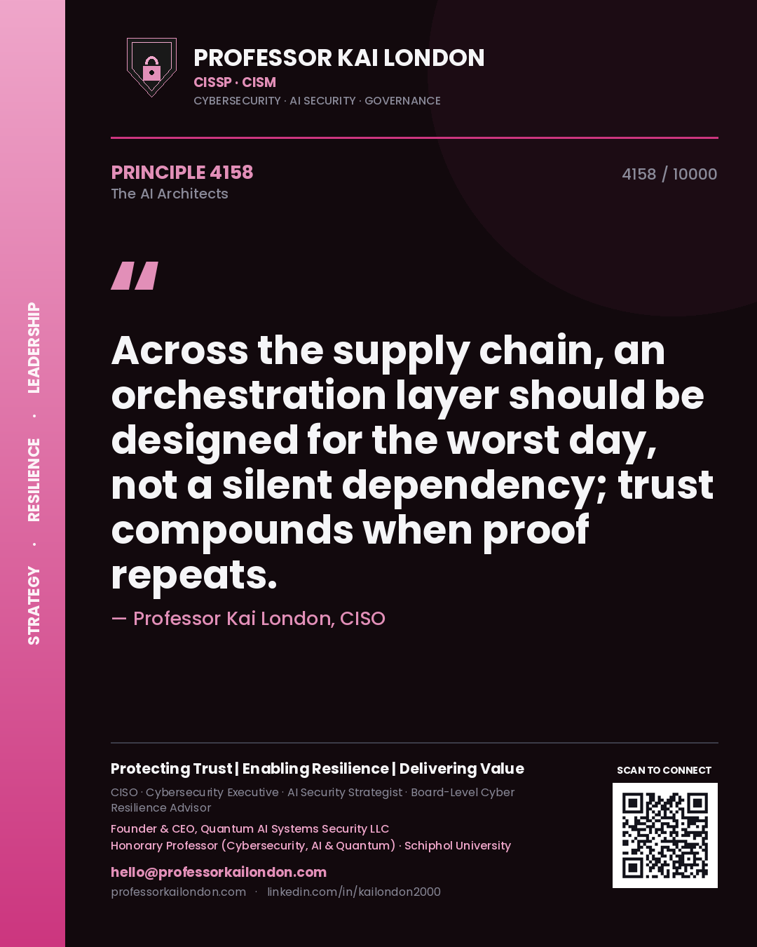 Professor Kai London principle 4158: Across the supply chain, an orchestration layer should be designed for the worst day, not a silent dependency; trust compounds when proof repeats.
