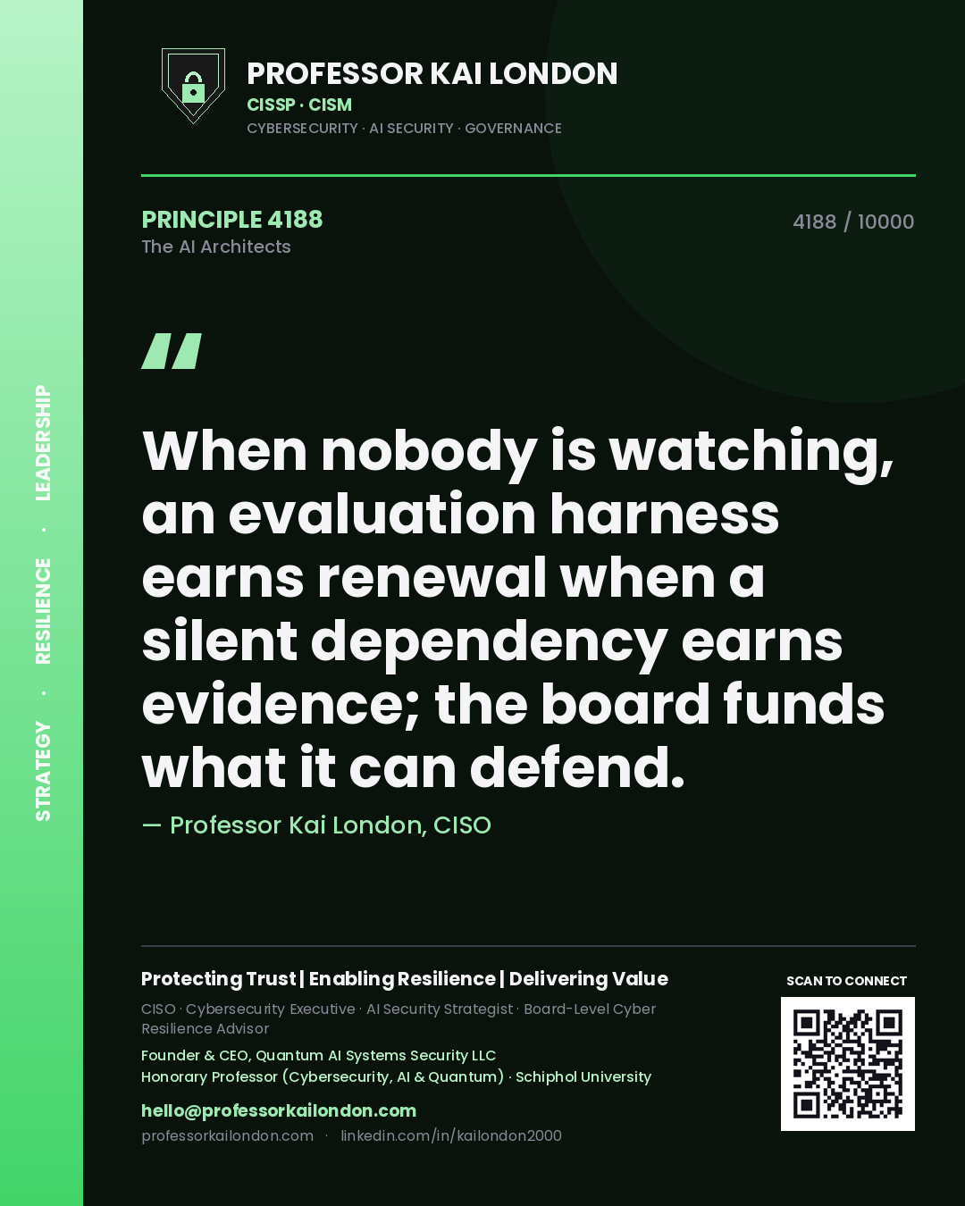 Professor Kai London principle 4188: When nobody is watching, an evaluation harness earns renewal when a silent dependency earns evidence; the board funds what it can defend.