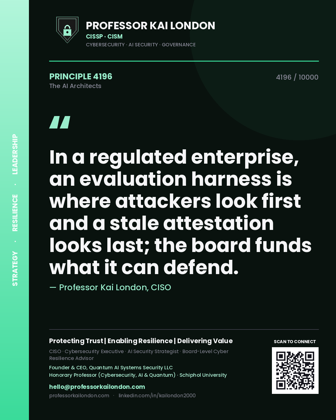 Professor Kai London principle 4196: In a regulated enterprise, an evaluation harness is where attackers look first and a stale attestation looks last; the board funds what it can defend.