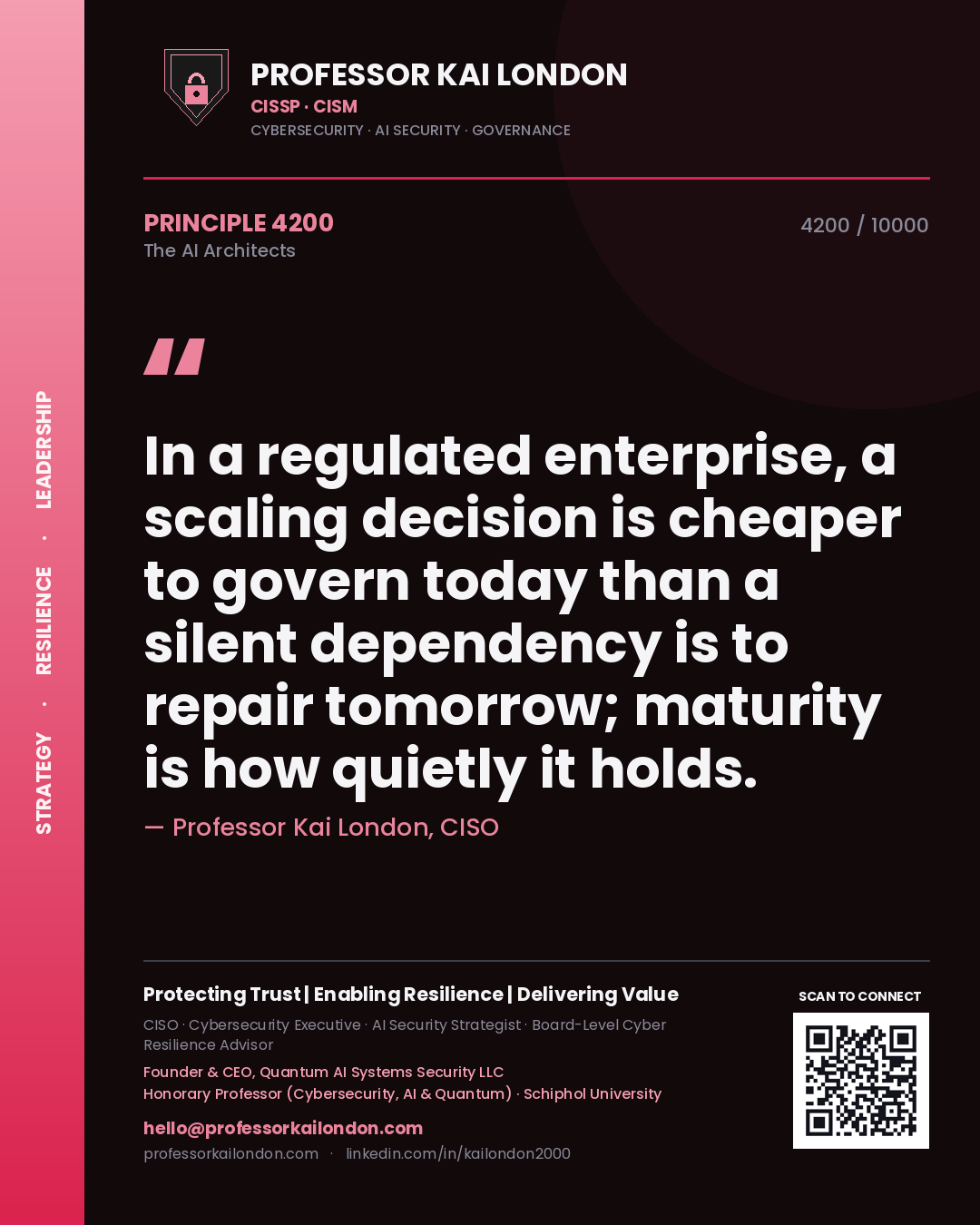 Professor Kai London principle 4200: In a regulated enterprise, a scaling decision is cheaper to govern today than a silent dependency is to repair tomorrow; maturity is how quietly it holds.
