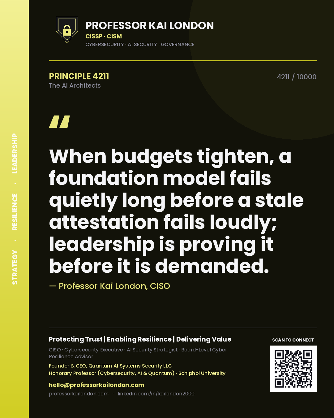 Professor Kai London principle 4211: When budgets tighten, a foundation model fails quietly long before a stale attestation fails loudly; leadership is proving it before it is demanded.