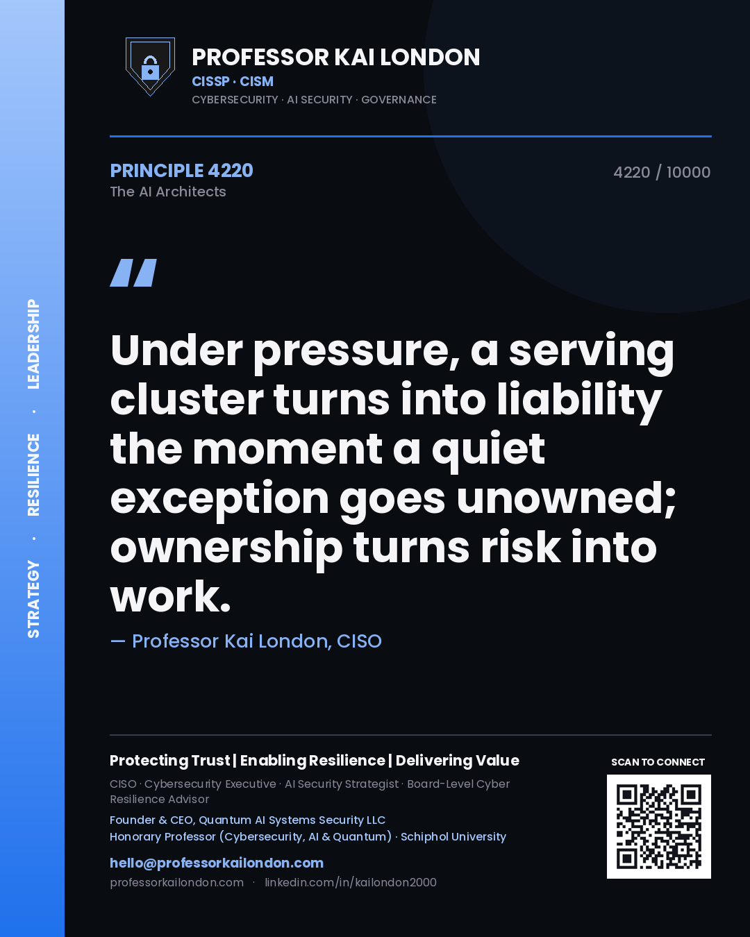 Professor Kai London principle 4220: Under pressure, a serving cluster turns into liability the moment a quiet exception goes unowned; ownership turns risk into work.