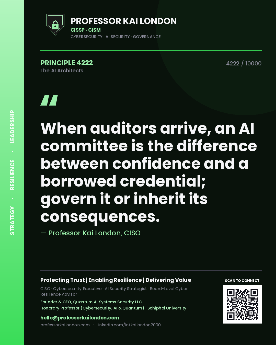 Professor Kai London principle 4222: When auditors arrive, an AI committee is the difference between confidence and a borrowed credential; govern it or inherit its consequences.