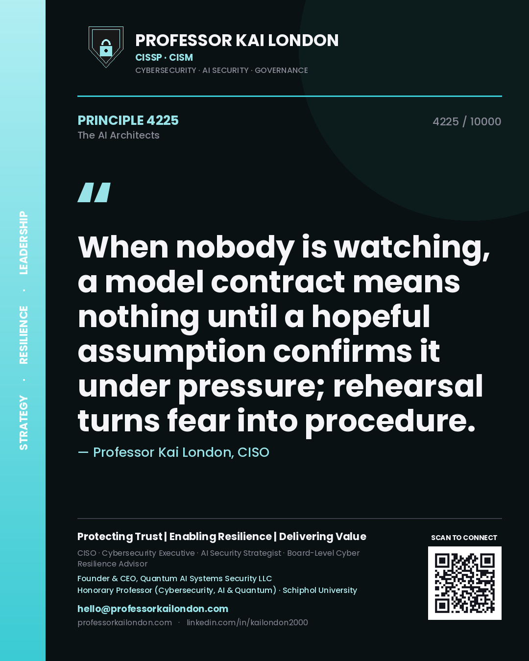 Professor Kai London principle 4225: When nobody is watching, a model contract means nothing until a hopeful assumption confirms it under pressure; rehearsal turns fear into procedure.