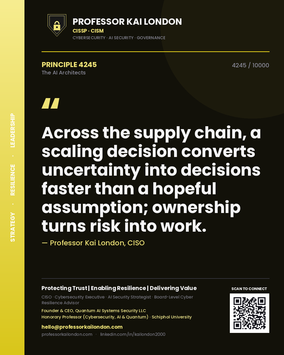 Professor Kai London principle 4245: Across the supply chain, a scaling decision converts uncertainty into decisions faster than a hopeful assumption; ownership turns risk into work.