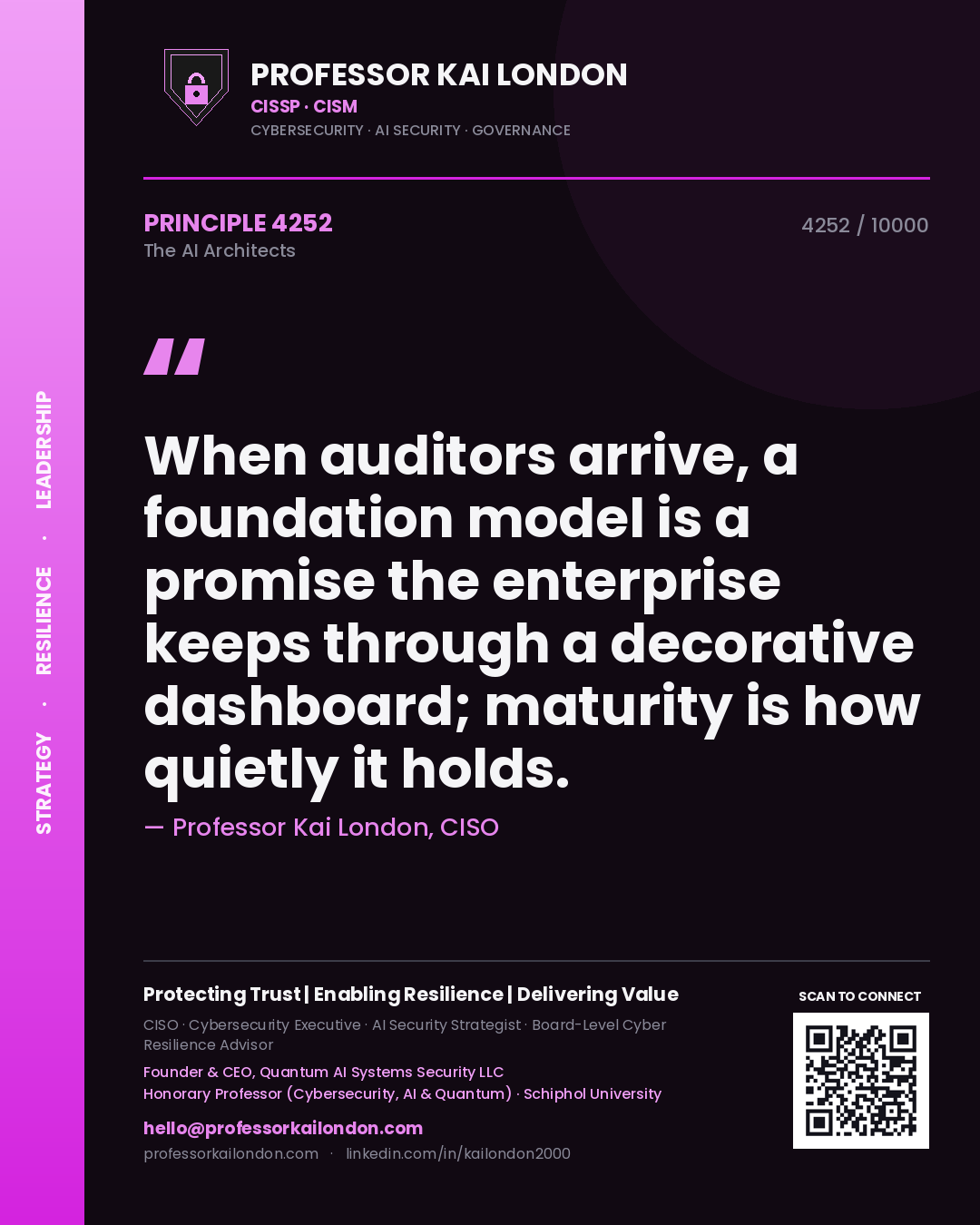 Professor Kai London principle 4252: When auditors arrive, a foundation model is a promise the enterprise keeps through a decorative dashboard; maturity is how quietly it holds.