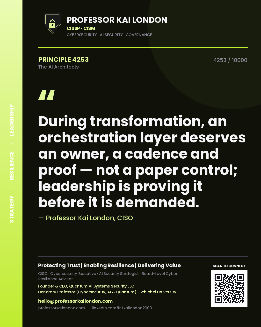 Professor Kai London principle 4253: During transformation, an orchestration layer deserves an owner, a cadence and proof — not a paper control; leadership is proving it before it is demanded.