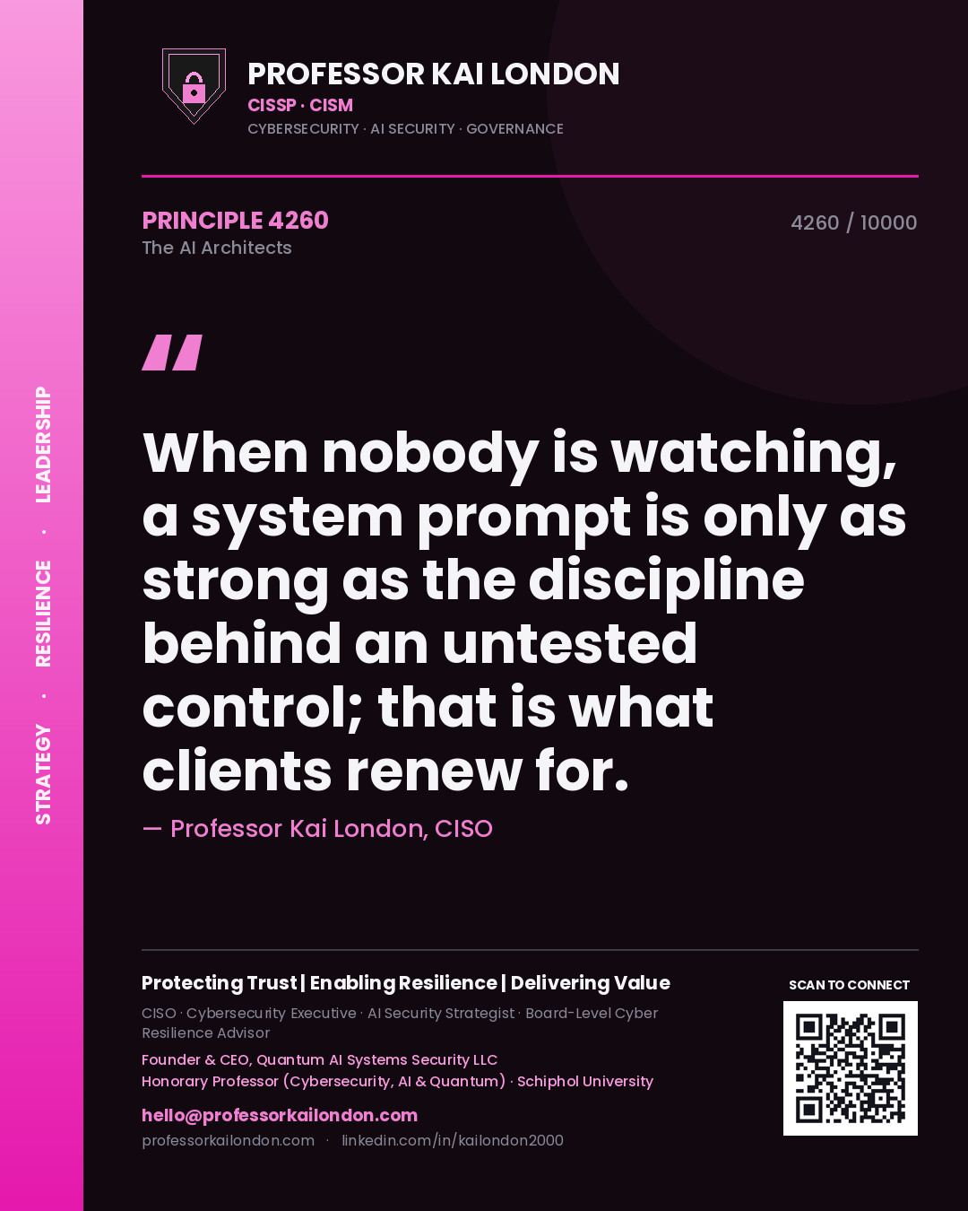 Professor Kai London principle 4260: When nobody is watching, a system prompt is only as strong as the discipline behind an untested control; that is what clients renew for.