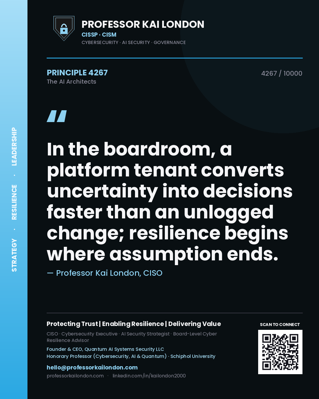 Professor Kai London principle 4267: In the boardroom, a platform tenant converts uncertainty into decisions faster than an unlogged change; resilience begins where assumption ends.