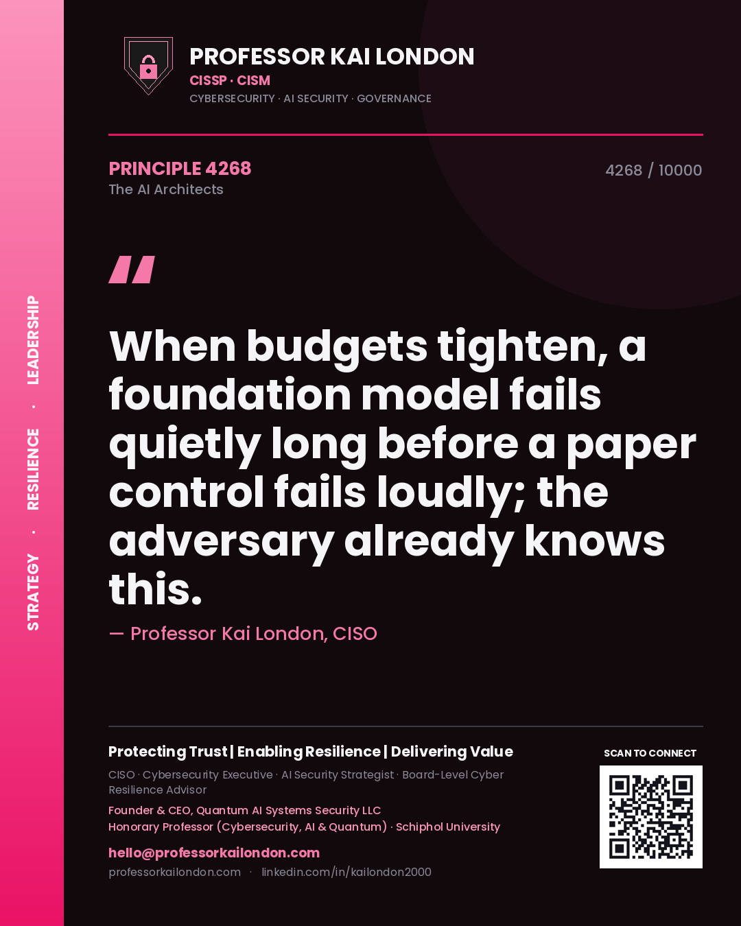 Professor Kai London principle 4268: When budgets tighten, a foundation model fails quietly long before a paper control fails loudly; the adversary already knows this.