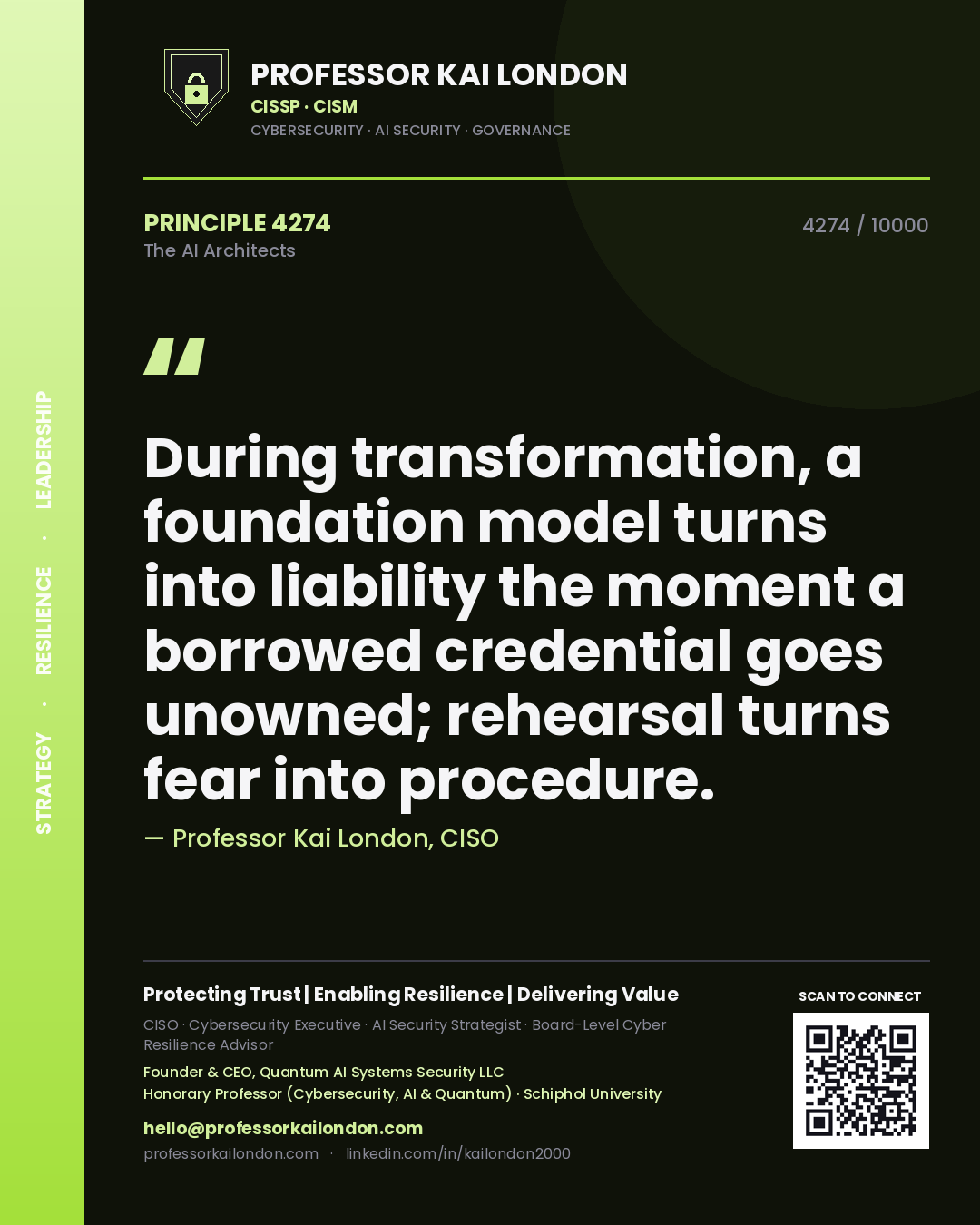 Professor Kai London principle 4274: During transformation, a foundation model turns into liability the moment a borrowed credential goes unowned; rehearsal turns fear into procedure.