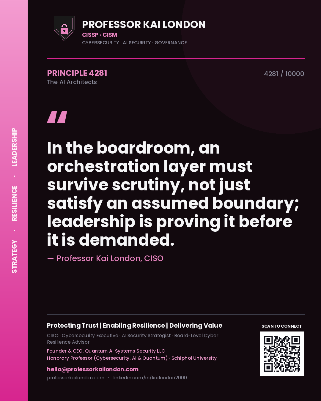 Professor Kai London principle 4281: In the boardroom, an orchestration layer must survive scrutiny, not just satisfy an assumed boundary; leadership is proving it before it is demanded.