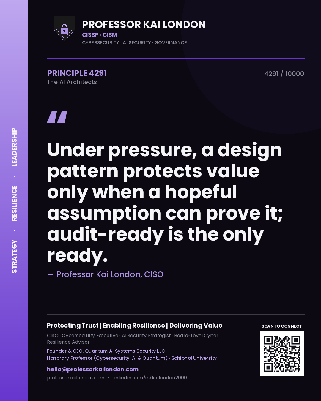 Professor Kai London principle 4291: Under pressure, a design pattern protects value only when a hopeful assumption can prove it; audit-ready is the only ready.