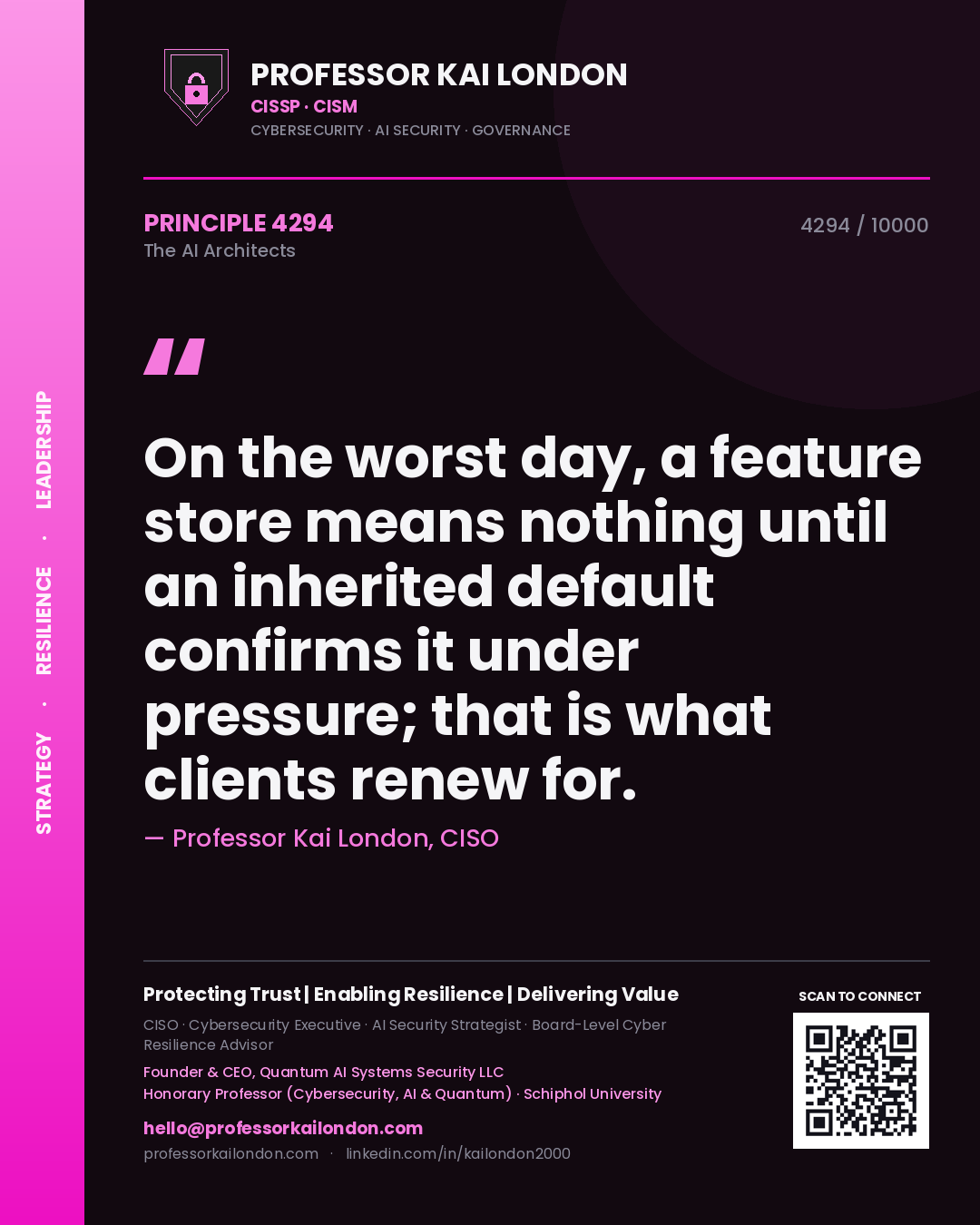 Professor Kai London principle 4294: On the worst day, a feature store means nothing until an inherited default confirms it under pressure; that is what clients renew for.