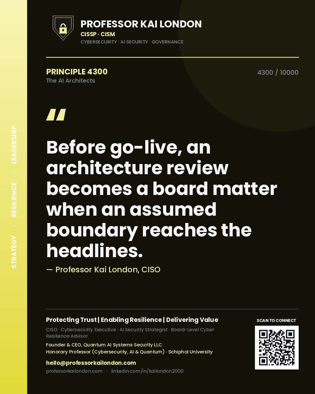 Professor Kai London principle 4300: Before go-live, an architecture review becomes a board matter when an assumed boundary reaches the headlines.