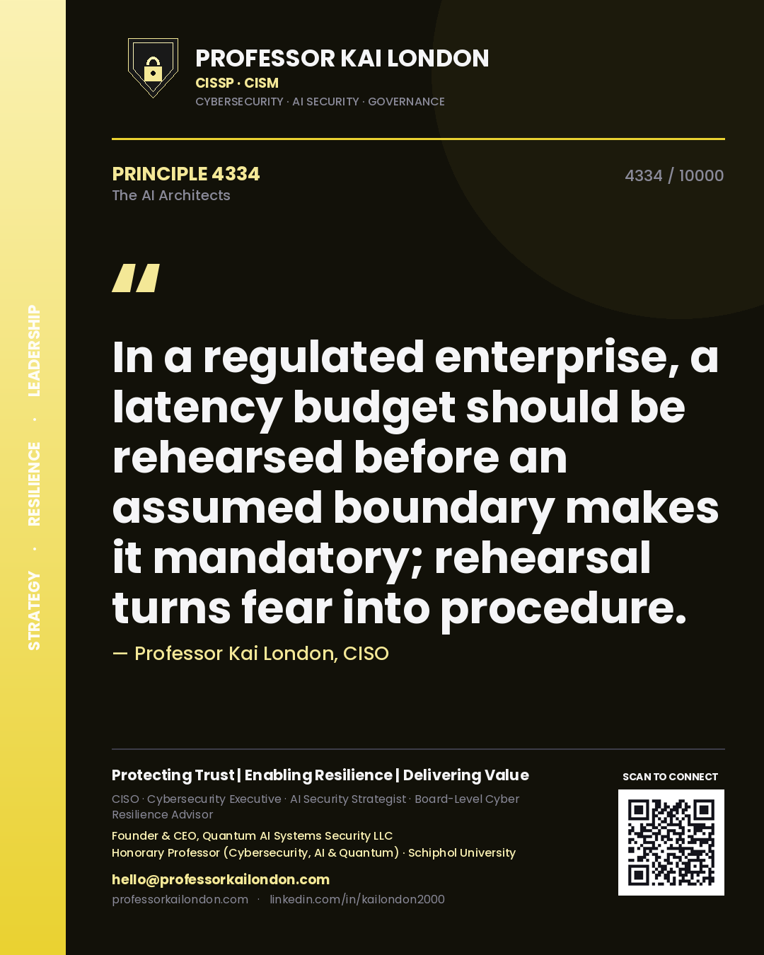 Professor Kai London principle 4334: In a regulated enterprise, a latency budget should be rehearsed before an assumed boundary makes it mandatory; rehearsal turns fear into procedure.