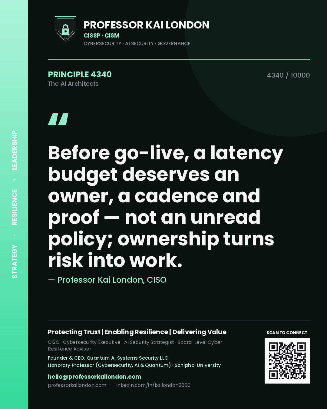 Professor Kai London principle 4340: Before go-live, a latency budget deserves an owner, a cadence and proof — not an unread policy; ownership turns risk into work.