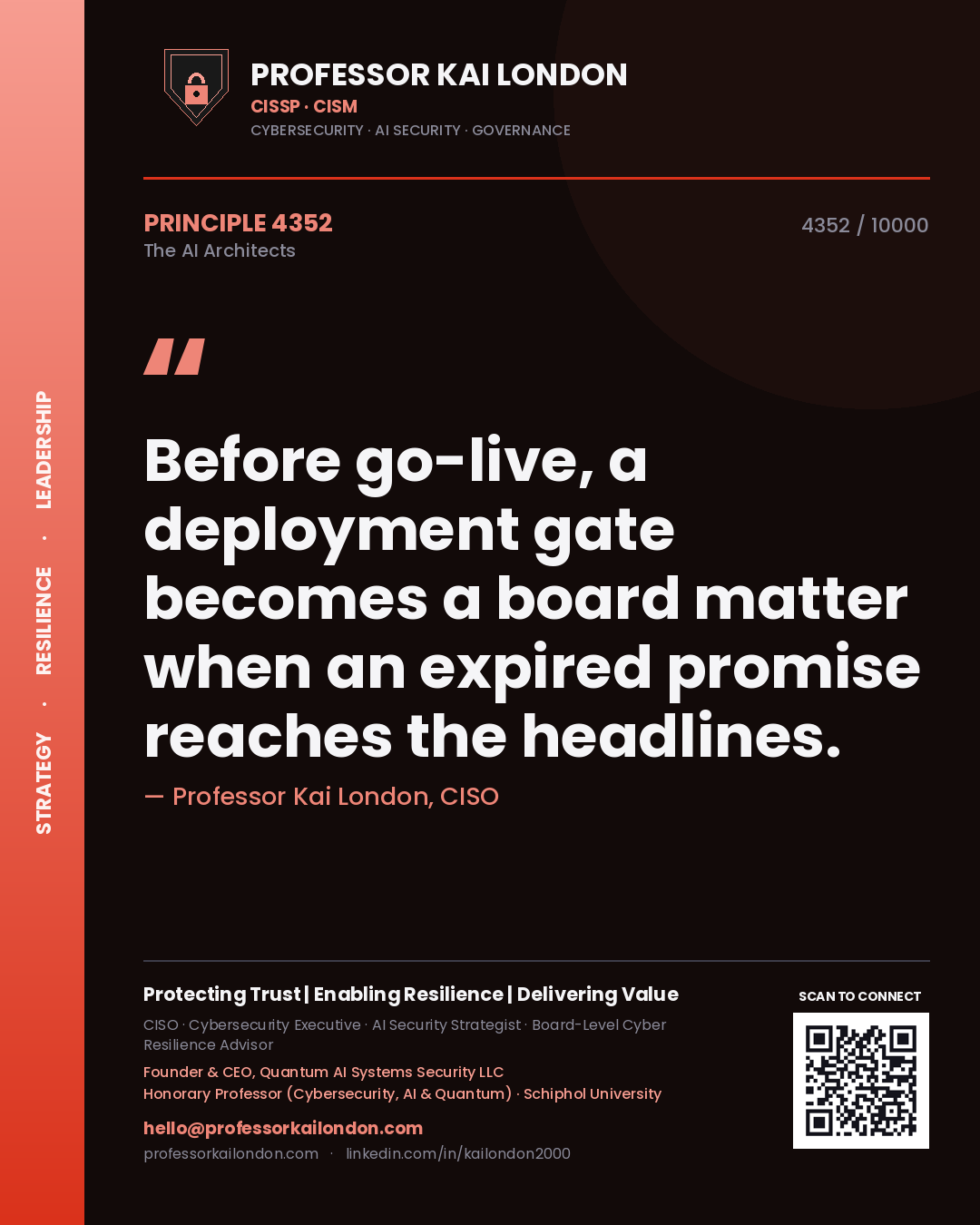 Professor Kai London principle 4352: Before go-live, a deployment gate becomes a board matter when an expired promise reaches the headlines.