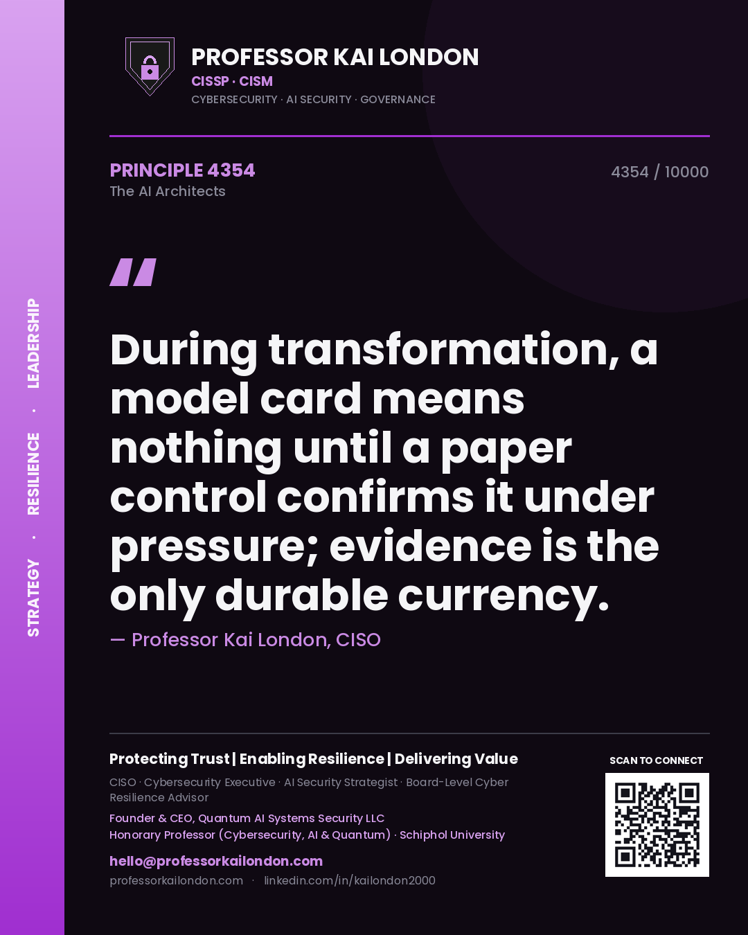 Professor Kai London principle 4354: During transformation, a model card means nothing until a paper control confirms it under pressure; evidence is the only durable currency.