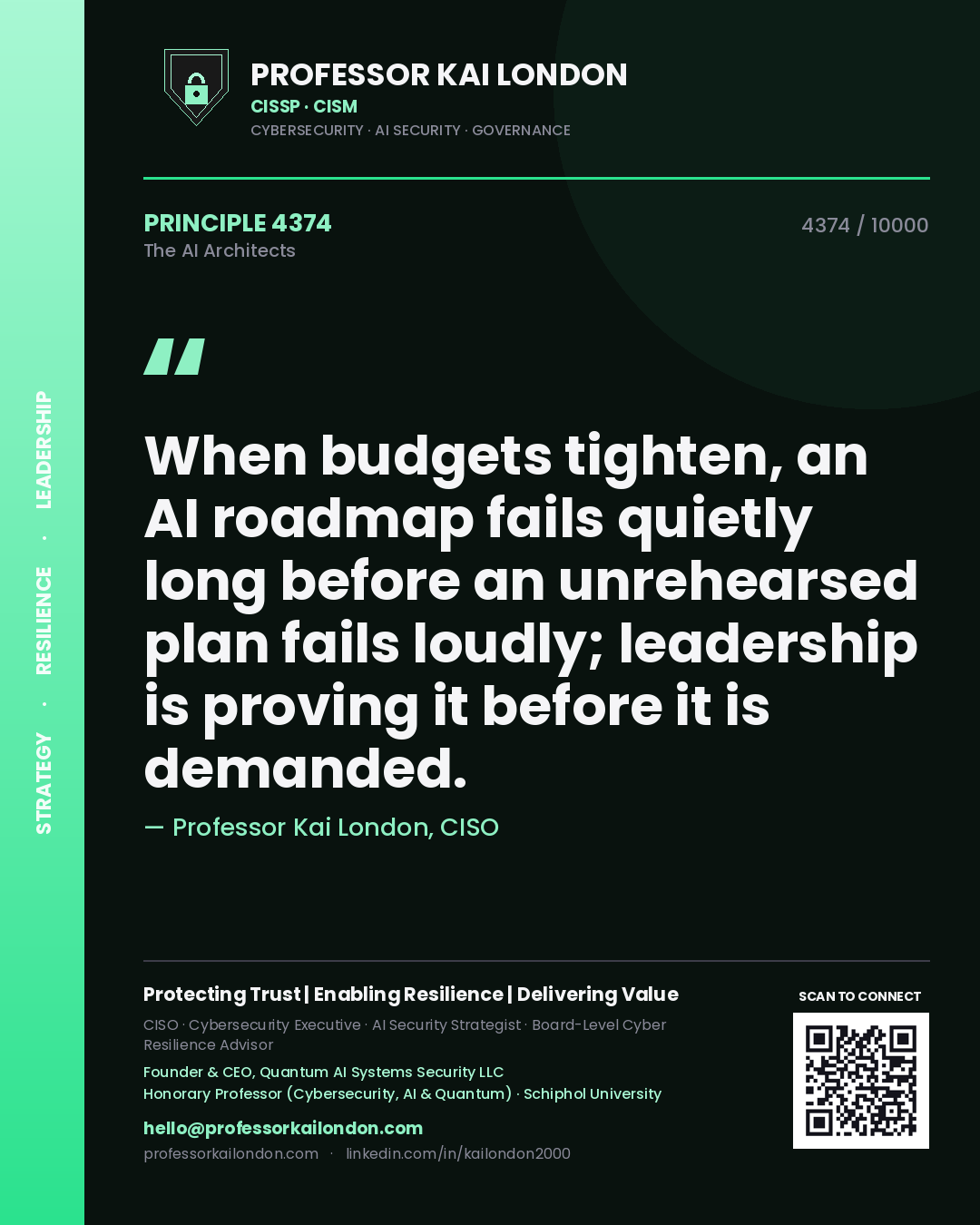 Professor Kai London principle 4374: When budgets tighten, an AI roadmap fails quietly long before an unrehearsed plan fails loudly; leadership is proving it before it is demanded.