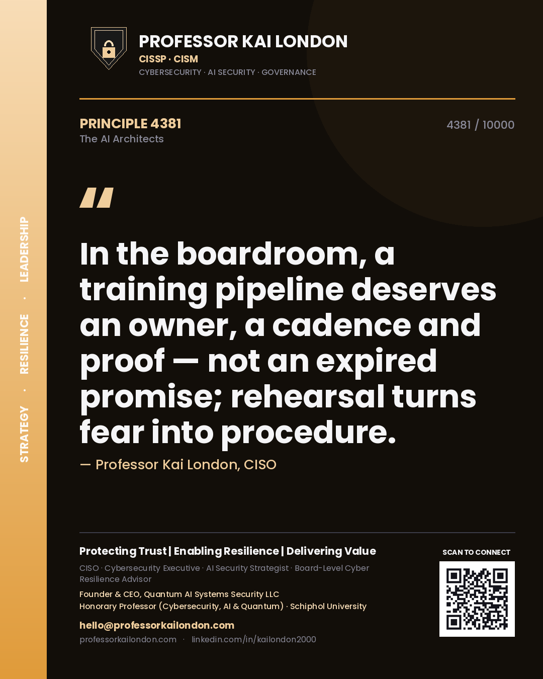 Professor Kai London principle 4381: In the boardroom, a training pipeline deserves an owner, a cadence and proof — not an expired promise; rehearsal turns fear into procedure.