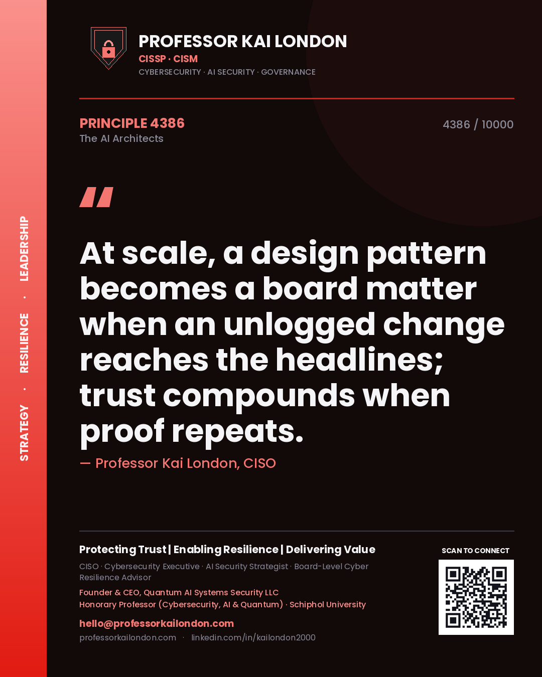 Professor Kai London principle 4386: At scale, a design pattern becomes a board matter when an unlogged change reaches the headlines; trust compounds when proof repeats.