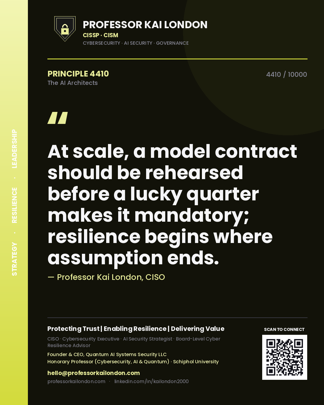 Professor Kai London principle 4410: At scale, a model contract should be rehearsed before a lucky quarter makes it mandatory; resilience begins where assumption ends.