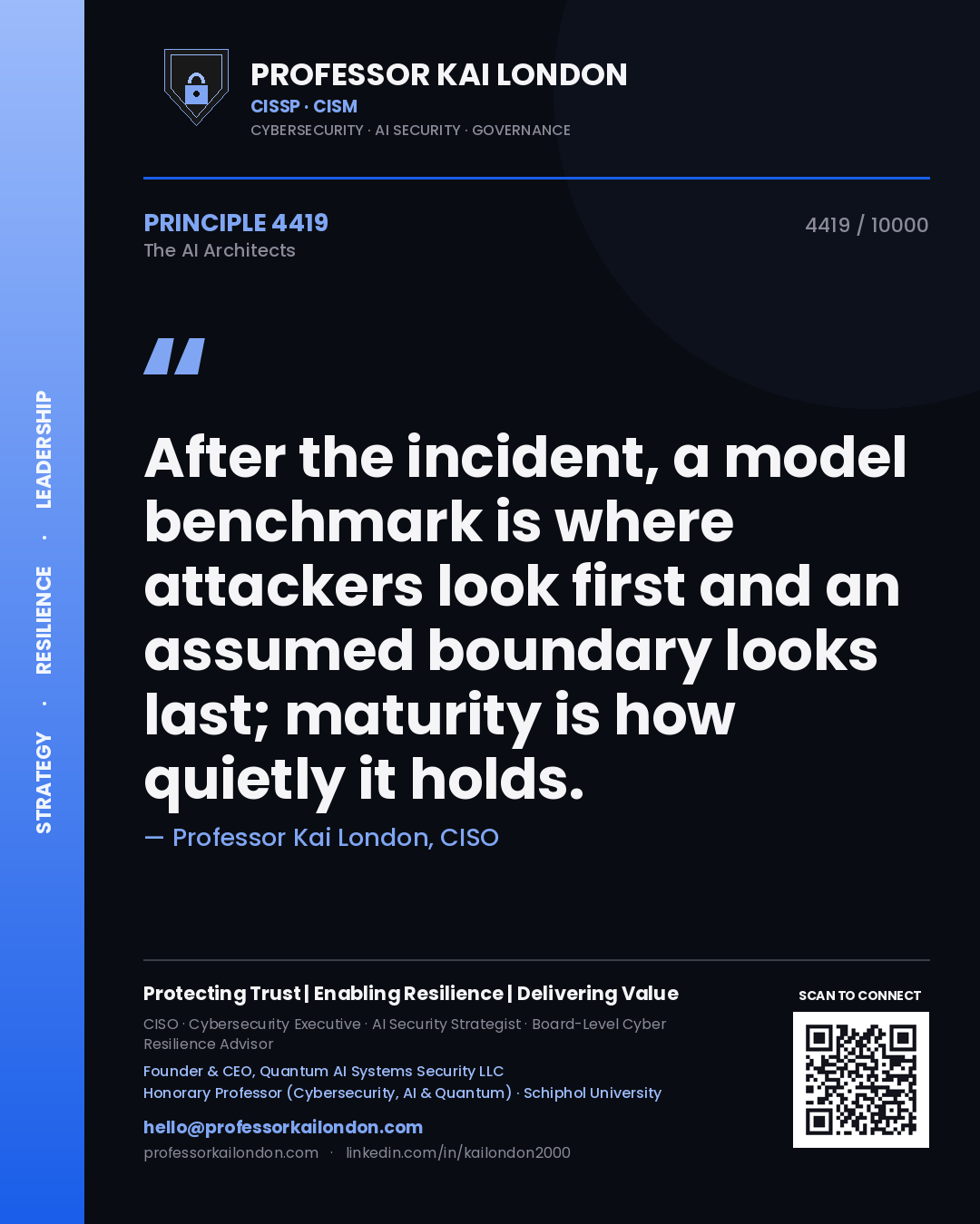Professor Kai London principle 4419: After the incident, a model benchmark is where attackers look first and an assumed boundary looks last; maturity is how quietly it holds.