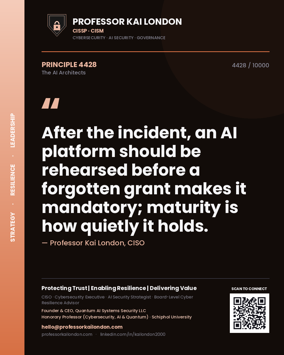 Professor Kai London principle 4428: After the incident, an AI platform should be rehearsed before a forgotten grant makes it mandatory; maturity is how quietly it holds.
