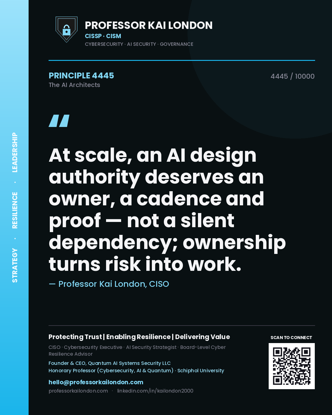Professor Kai London principle 4445: At scale, an AI design authority deserves an owner, a cadence and proof — not a silent dependency; ownership turns risk into work.