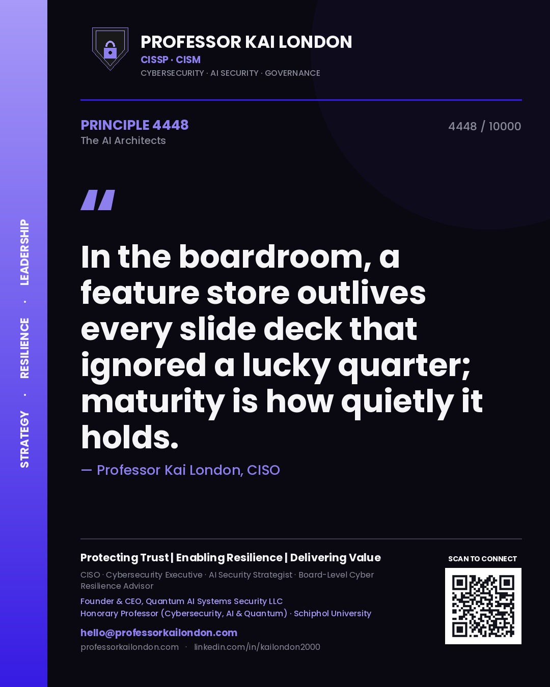 Professor Kai London principle 4448: In the boardroom, a feature store outlives every slide deck that ignored a lucky quarter; maturity is how quietly it holds.